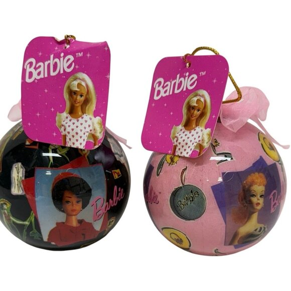 NWT Vintage 1996 Barbie Christmas Ornaments Ball Black Pink Matrix Bow Sphere - Picture 1 of 11